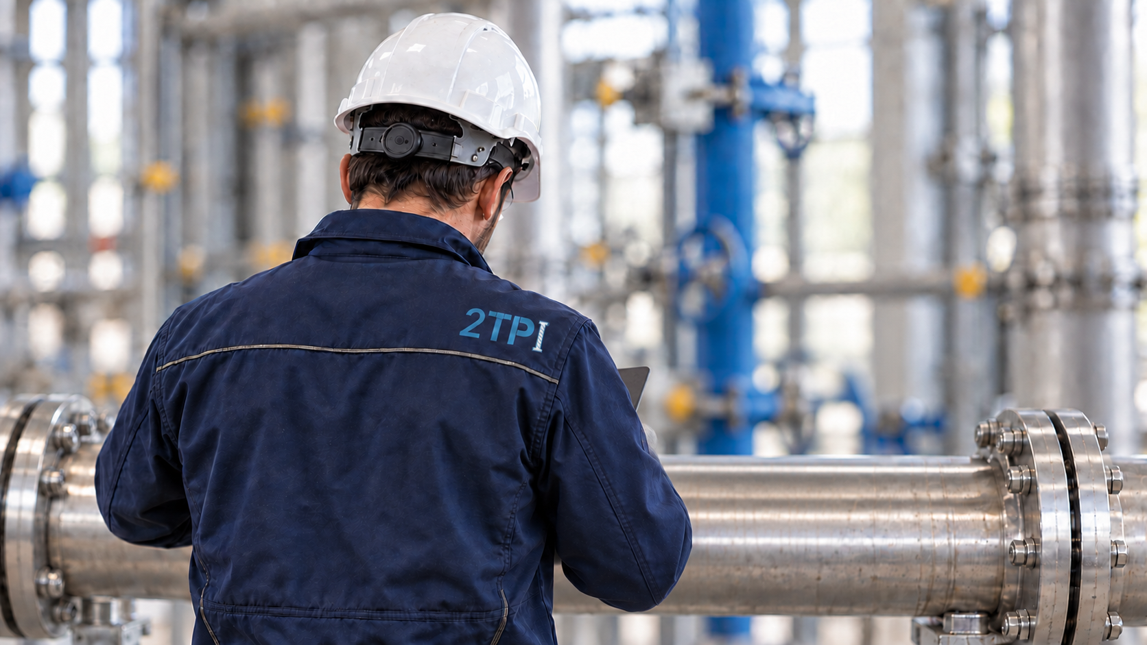 Technicien 2TPI sur une installation de tuyauterie industrielle